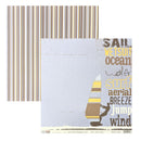 A sheet of scrapbook paper from BTDT Designs featuring a wind surfer design with vertical brown, beige, and white stripes on one side and a light blue textured background with a sail surfer graphic and typography on the other.