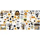 A wide strip of Halloween-themed stickers or decals featuring pumpkins, bats, owls, haunted houses, spiderwebs, tombstones, witches' hats, bats, and a trick-or-treat shop on a white background.