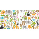 A colorful strip of cartoon zoo-themed stickers featuring animals such as lions, elephants, giraffes, pandas, koalas, tigers, flamingos, zebras, and palm trees on a white background.
