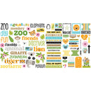 A sheet of colorful zoo-themed sticker decals featuring playful text like 'ZOO adventure elephant', 'fun friends', 'discover lion', and 'ZOO TIGERSTATIC', along with animal illustrations, stripes, flowers, paw prints, and decorative labels on a white background.