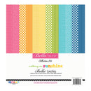 Bella Blvd Collection Kit 'walking on sunshine' paper crafting collection, featuring 12 double-gloss interior papers with six vertical stripes of pink, yellow, green, and blue patterns.