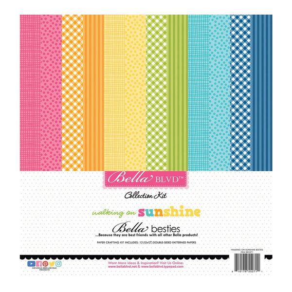 Bella Blvd Collection Kit 'walking on sunshine' paper crafting collection, featuring 12 double-gloss interior papers with six vertical stripes of pink, yellow, green, and blue patterns.