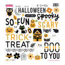 A sheet of Halloween-themed decorative stickers on a white background, featuring text such as 'HALLOWEEN CAPTURED SO FUN SCARY TRICK OR TREAT BOO TO YOU' with illustrated pumpkins, ghosts, a cat, spider, flowers, and a haunted house.