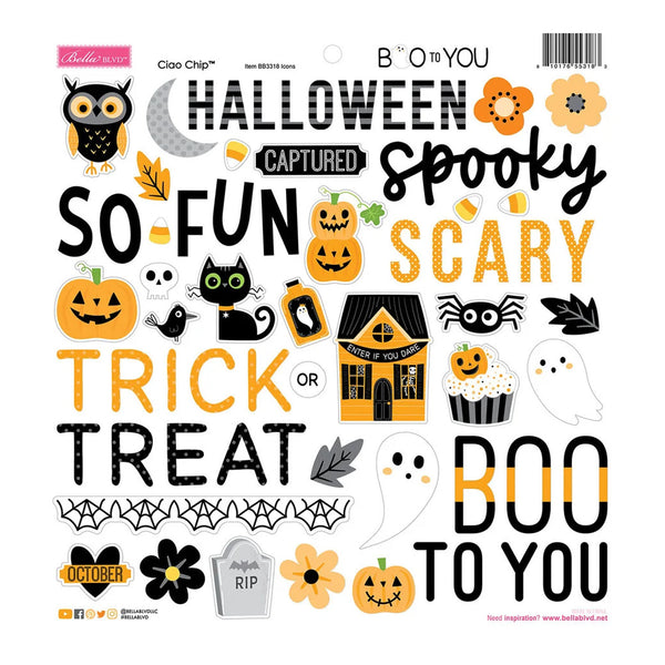 A sheet of Halloween-themed decorative stickers on a white background, featuring text such as 'HALLOWEEN CAPTURED SO FUN SCARY TRICK OR TREAT BOO TO YOU' with illustrated pumpkins, ghosts, a cat, spider, flowers, and a haunted house.