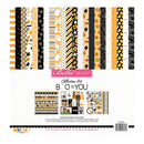 A Bella Blvd 'Boo To You' collection kit of scrapbooking paper featuring various Halloween-themed patterns in black, white, and orange, along with stickers and embellishments.