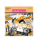 Bella Blvd Ephemera Words 'Halloween' scrapbook paper pack, featuring a variety of Halloween-themed stickers and labels in orange, black, white, and yellow on a white background.