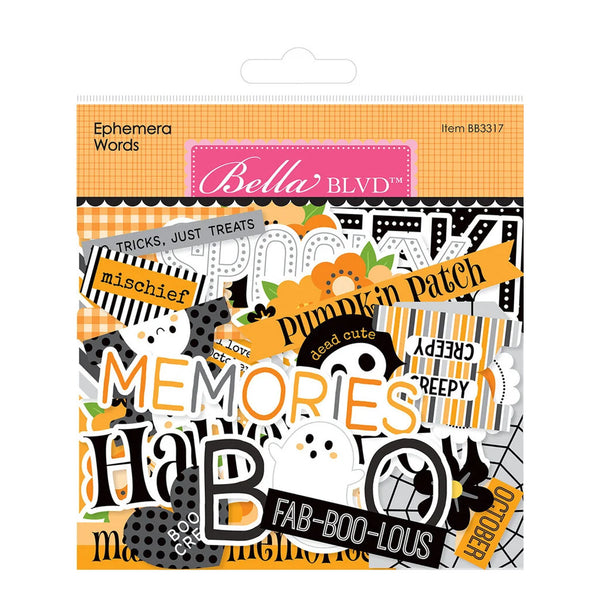 Bella Blvd Ephemera Words 'Halloween' scrapbook paper pack, featuring a variety of Halloween-themed stickers and labels in orange, black, white, and yellow on a white background.