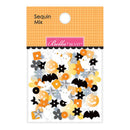 Bella BLVD Sequin Mix Halloween sequins in a hanging card package, featuring orange, black, white, and gray sequins shaped like pumpkins, bats, ghosts, and flowers.
