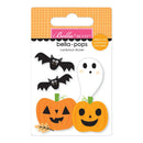 Bella BLVD Bella Pops cardstock sticker pack featuring Halloween designs including two black bats, a white ghost, and two orange jack-o'-lantern pumpkins on a white backing card with an orange plaid header.