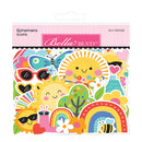 A sheet of Bella Blvd Ephemera Icons stickers featuring a colorful collection of cute cartoon designs including smiling suns, rainbows, flowers, bees, sunglasses, and trees on a white background.
