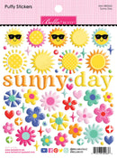 Puffy stickers with suns, flowers, and 'sunny day' text on a pink background
