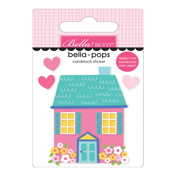 Bella BLVD 'bella-pops' cardstock sticker pack featuring a pink house with a teal roof, yellow windows, and pink and light pink hearts on the backing card.