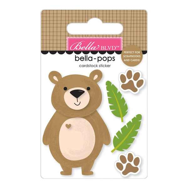 Bella BLVD 'bella-pops' cardstock sticker pack featuring a cute cartoon bear, green leaves, and paw prints on a white backing card.