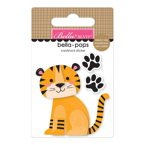 Bella BLVD Bella Pops cardstock sticker set featuring a cute orange and black tiger, two black paw prints, and a brown plaid header card.