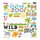 A sheet of colorful scrapbook or craft stickers themed around 'Zoo Day' by Bella Blvd and Coo Chip. The sheet features cartoon animals including a giraffe, zebra, lion, flamingo, crocodile, and a jeep with children, along with text elements like 'AT THE ZOO', 'ROAR', 'EXPLORE', 'WILD', and 'smile', surrounded by leaves, flowers, and sun illustrations.