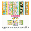 A Bella Blvd All-Mean Zoo Day paper crafting kit sheet showing multiple colorful patterned paper strips and included scrapbook paper designs on a white background.