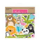 Bella Blvd Ephemera Icons sticker sheet featuring a colorful collection of cartoon jungle and animal illustrations, including a bear, monkey, flamingo, lion, panda, gorilla, penguin, and crocodile, on a white backing card with a brown header.