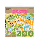 Bella BLVD Ephemera Words 'Zoo' scrapbook paper pack, featuring colorful animal and text designs like 'ZOO DAY' and 'ADVENTURE ZOO' on a brown header card.