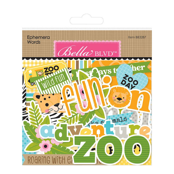 Bella BLVD Ephemera Words 'Zoo' scrapbook paper pack, featuring colorful animal and text designs like 'ZOO DAY' and 'ADVENTURE ZOO' on a brown header card.