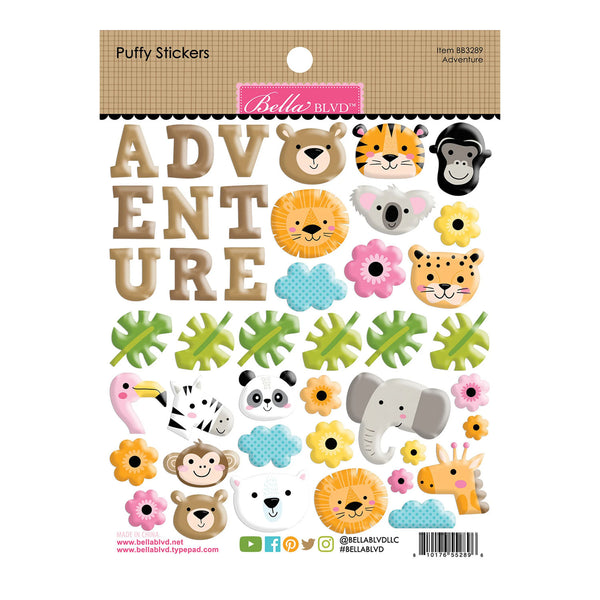 A sheet of Bella Blvd 'Adventure' puffy stickers featuring jungle-themed designs including safari animals, flowers, leaves, and wooden-style letters on a white background.