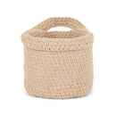 A beige chunky crocheted storage basket with a top handle, shown on a clean white background.