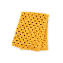 A folded yellow crocheted knit blanket or throw with an openwork lattice pattern, shown on a plain white background.