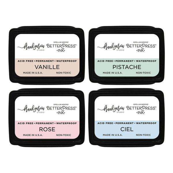 Four ink pads with different colors and labels on a white background