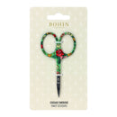 Fancy scissors by Bohin France, featuring a vibrant green handle with a red rose pattern, displayed on its original cream-colored packaging card.