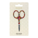 Fancy scissors by Bohin France with a vibrant multicolor floral pattern on the handles and silver metal blades, presented on a cream-colored patterned backing card.