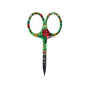 Decorative scissors with a vibrant green handle featuring a colorful floral pattern and silver metal blades, shown against a plain white background.