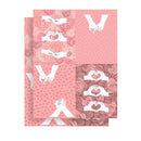 Decorative card with pink and white design elements on a pink background