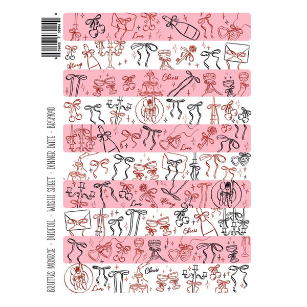 Set of pink washi tape rolls with black and red designs on a white background