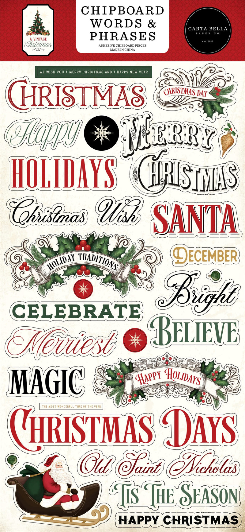 Carta Bella Chipboard 6"X13" Words & Phrases, A Vintage Christmas