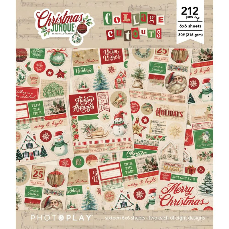 Christmas-themed collage cutouts with various designs on a white background