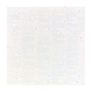A sheet of cardstock featuring a dense, repeating collage of text columns in a light blue and white color palette, accented with small scattered pastel dots in pink, purple, yellow, and orange.
