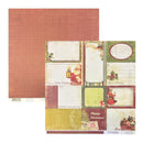 A sheet of patterned cardstock with a Christmas holiday theme, top left orange grid-patterned. Bottom right Christmas theme postcard. On a white background.