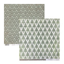 Two sides of cardstock. Top left Olive with cream ornate design. Bottom right Cream background with Christmas Trees. 
