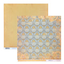Two square sheets of patterned scrapbook paper. One featuring vertical yellow and white stripes, and the other featuring a blue, gold, and white damask pattern.