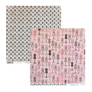 Two sheets of patterned scrapbook paper displayed on a white background. One sheet features a black and white geometric star pattern, and the other features a pink background with illustrations of dress forms in various colors.