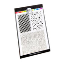 A stamping plate package shown at an angle on a white background. The package contains a black metal stamping plate with two design sections: one featuring diagonal stripes and the other featuring scattered dots, with a block of text instructions below.