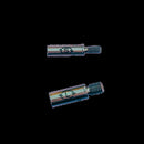 Two metallic connectors with brand logos on a black background