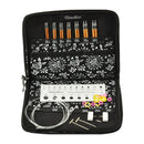 An open black zippered knitting kit case on a white background, showing multiple knitting needles, a white patterned fabric insert, a metal circular needle gauge, cable ties, and small colorful rings. The brand name 'ChicoGoo' is visible on the case and inside the insert.