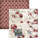 A scrapbook paper sheet set featuring a vintage design. One sheet displays a burgundy and gold damask pattern, while the other features a collage of red roses, vintage envelopes, a blue typewriter, and script text on an aged cream background.