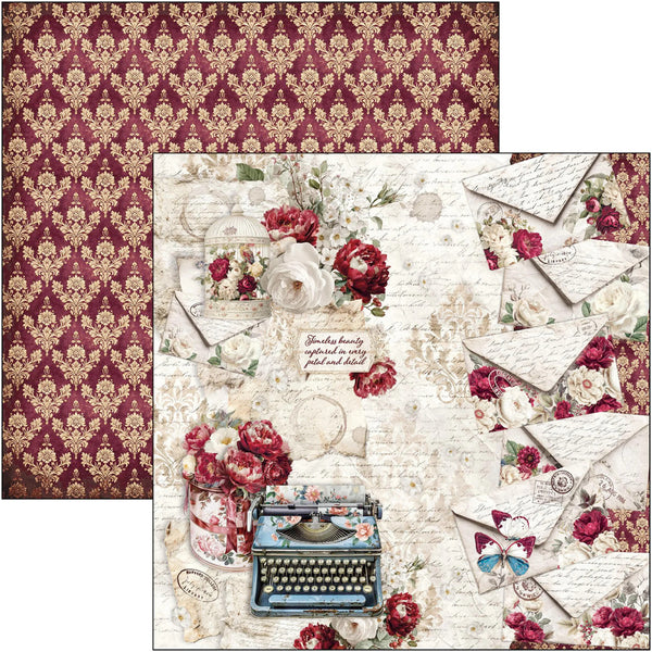 A scrapbook paper sheet set featuring a vintage design. One sheet displays a burgundy and gold damask pattern, while the other features a collage of red roses, vintage envelopes, a blue typewriter, and script text on an aged cream background.