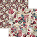 Two square sheets of decorative paper shown overlapping on a white background. The top-left sheet has a dense floral pattern in burgundy, cream, and muted green.