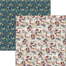 Two patterned fabric or paper swatches shown overlapping on a white background: one dark teal floral pattern and one cream vintage-style pattern with red flowers, blue dragonflies, and gold script details.