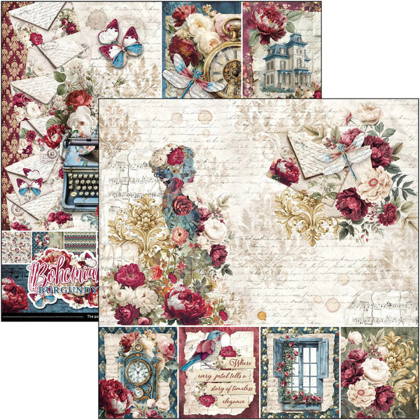 A collage of vintage-style decorative paper or scrapbook sheet designs featuring floral arrangements, script writing, butterflies, envelopes, a typewriter, clocks, windows, and ornate gold flourishes on aged cream backgrounds.