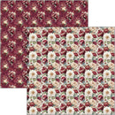 Two overlapping square fabric or paper swatches showing floral patterns. The top-left swatch has a dense burgundy and cream floral print.