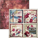 A sheet of vintage-style scrapbooking paper or craft paper with a distressed reddish-brown background, shown with two smaller coordinating decorative panels featuring a dragonfly, flowers, a butterfly, a bird, and a typewriter.