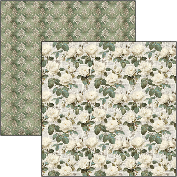 Two square sheets of patterned paper shown on a white background. The left sheet has a muted sage green damask pattern, and the right sheet features a cream and green rose floral print.